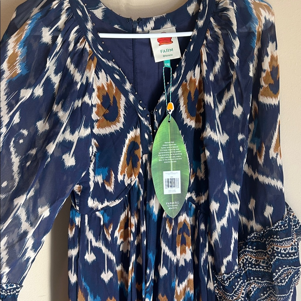 FARM Rio Pineapple Ikat Bohemian Blue and Brown  Maxi Dress NWT - Picture 4 of 6